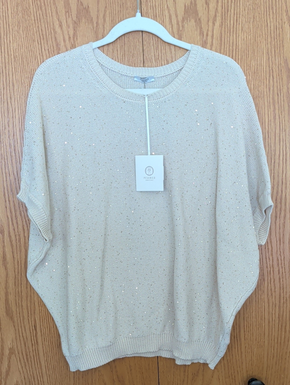 Peserico Cream Sequin Short Sleeve Knit Sweater